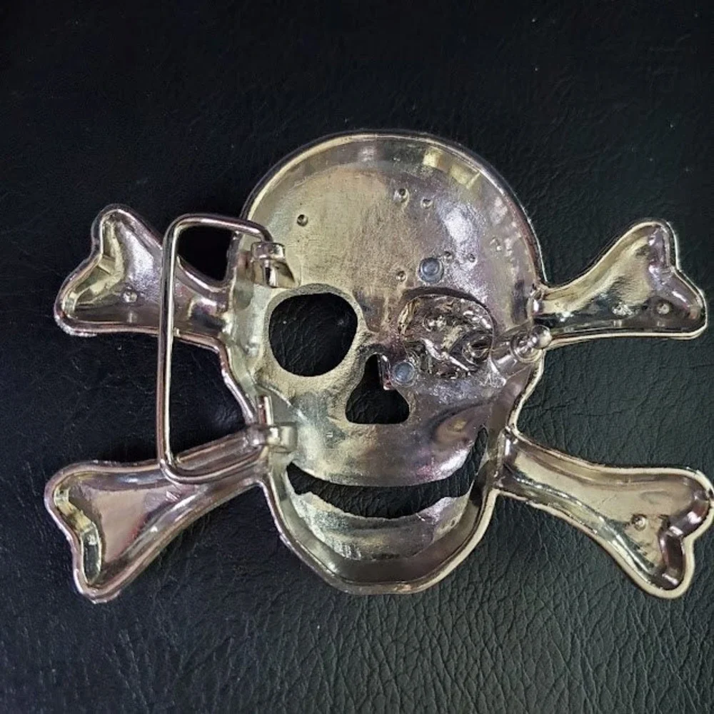 Silver Rhinestone Skull and Crossbones Belt Buckle Y2K Bling Goth Punk Rock READ